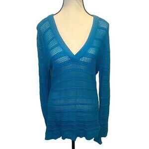 Women’s Michael Kors BLUE Coastal Lightweight Knit V Neck Tunic Sweater Sz M